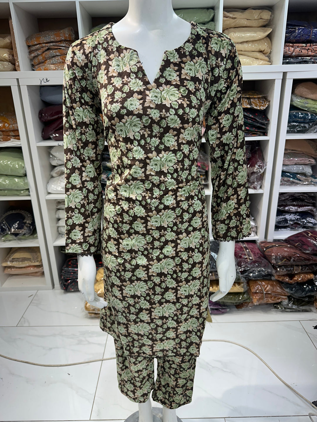 Two piece velvet suits in digital print perfect for winters and for everyday wear