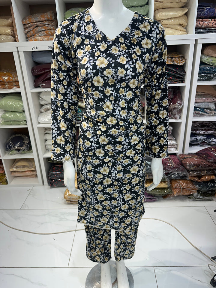 Two piece velvet suits in digital print perfect for winters and for everyday wear