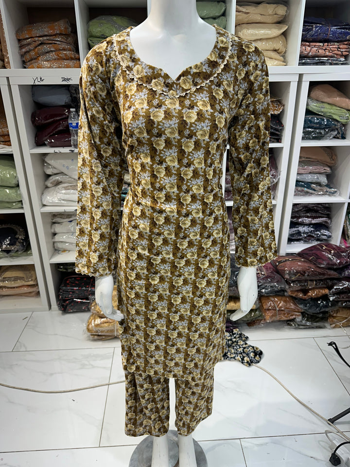 Two piece velvet suits in digital print perfect for winters and for everyday wear