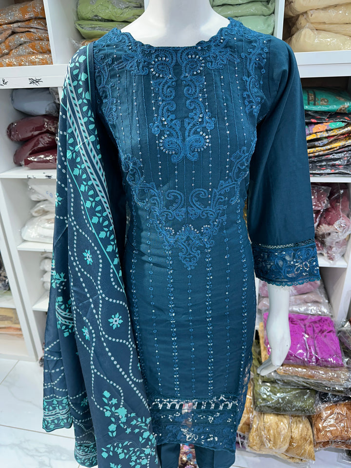 Three piece dhanak material suits on offer perfect for home wear and occasional wear