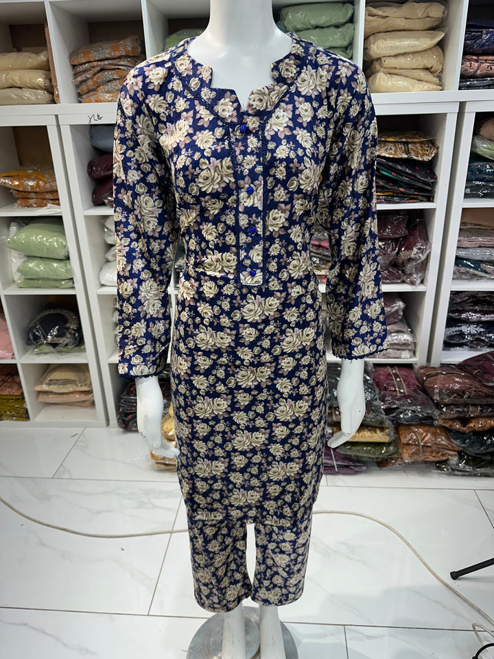 Two piece velvet suits in digital print perfect for winters and for everyday wear