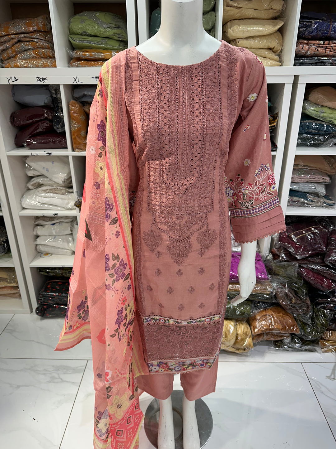 Three piece dhanak material suits on offer perfect for home wear and occasional wear