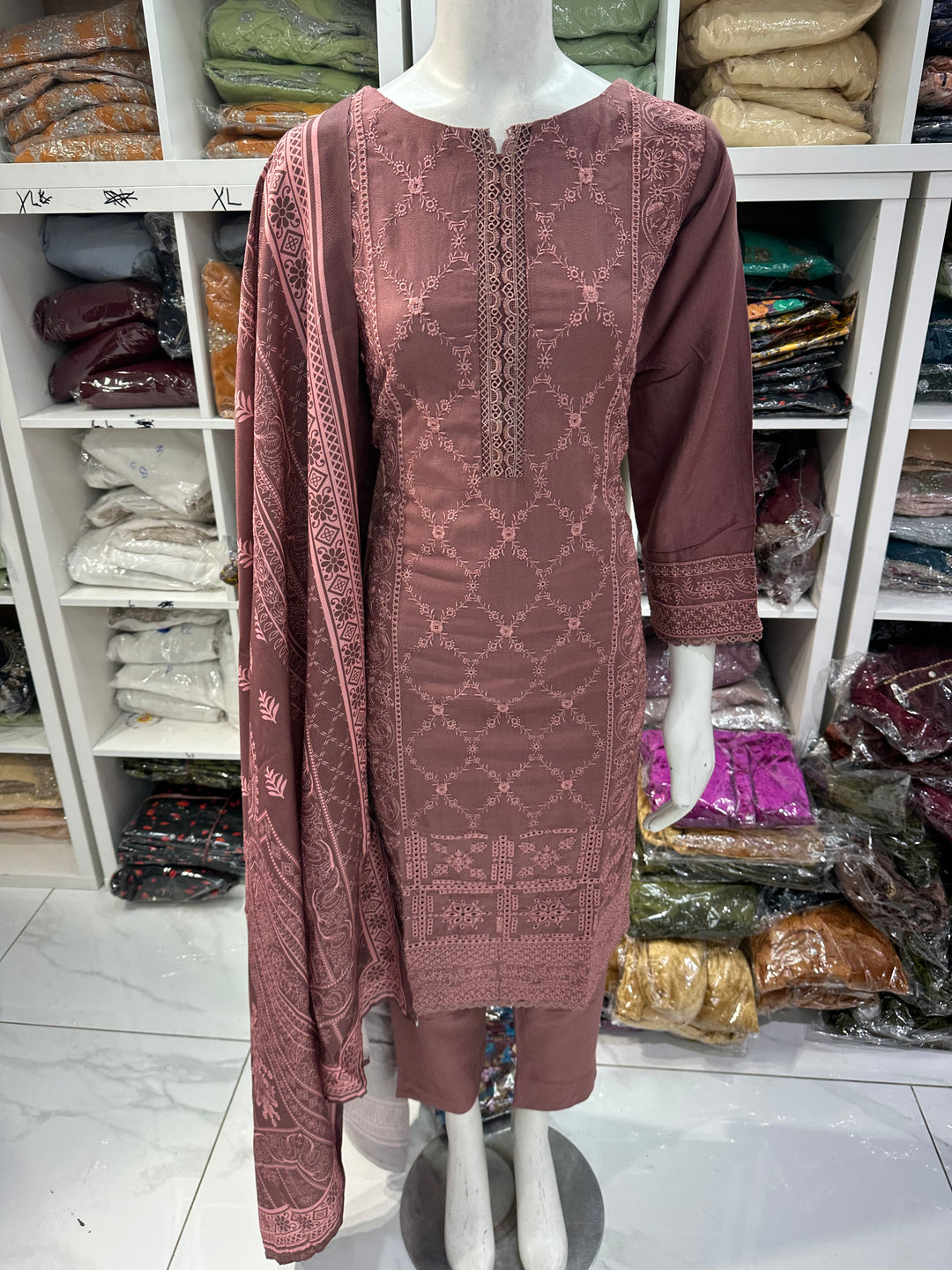 Three piece dhanak material suits on offer perfect for home wear and occasional wear