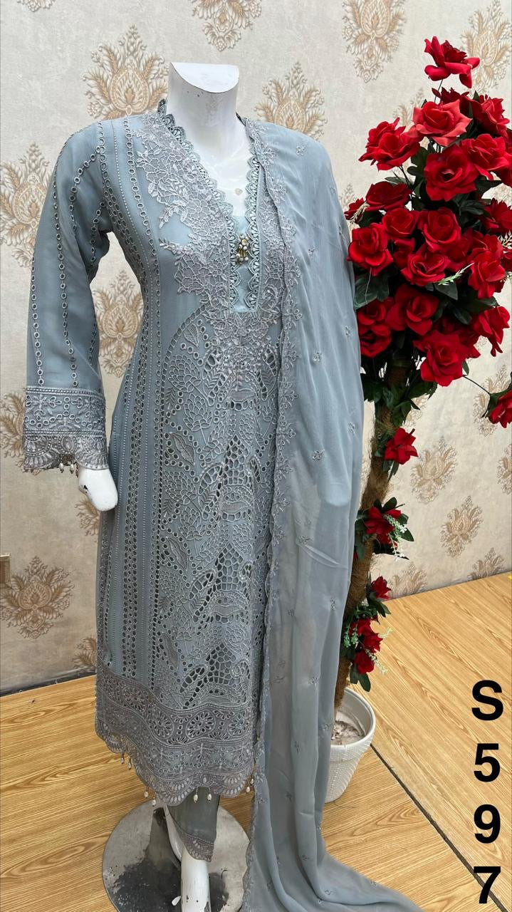 Three piece chiffon material suit with full on boring work only pre orders