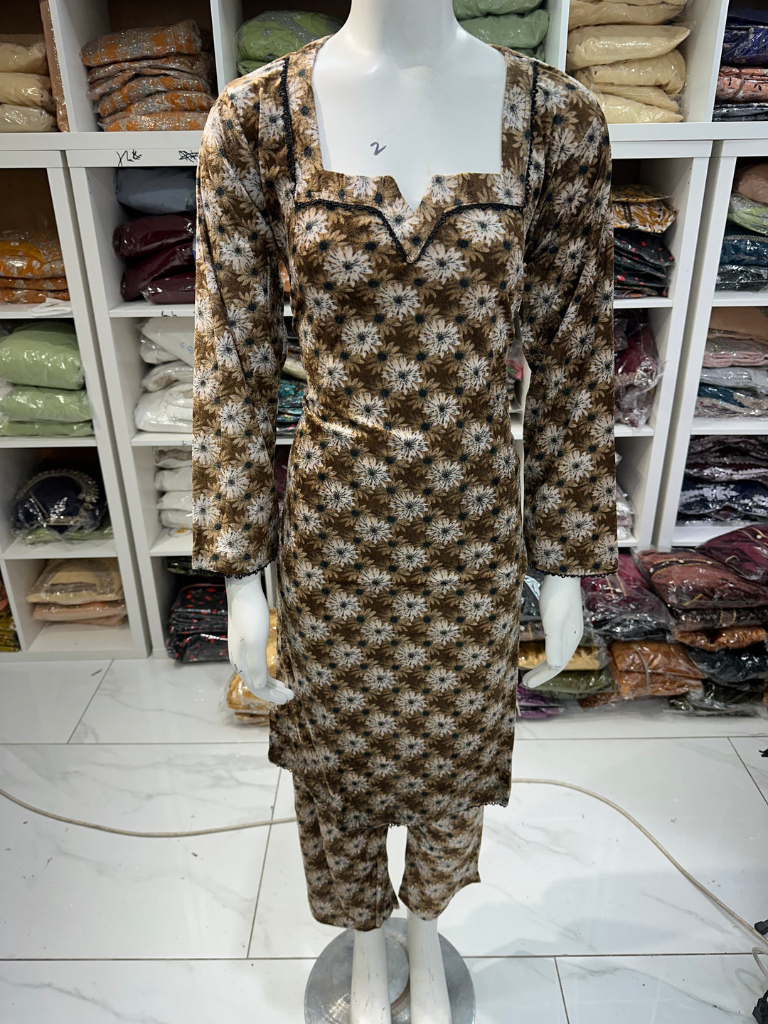 Two piece velvet suits in digital print perfect for winters and for everyday wear