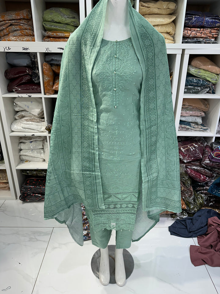 Three piece dhanak material suits on offer perfect for home wear and occasional wear