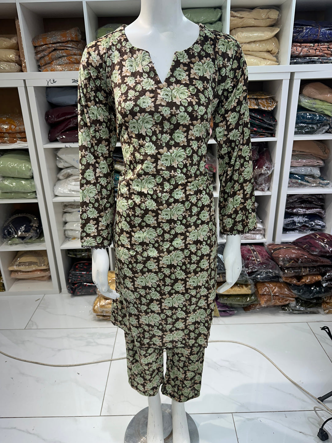 Two piece velvet suits in digital print perfect for winters and for everyday wear
