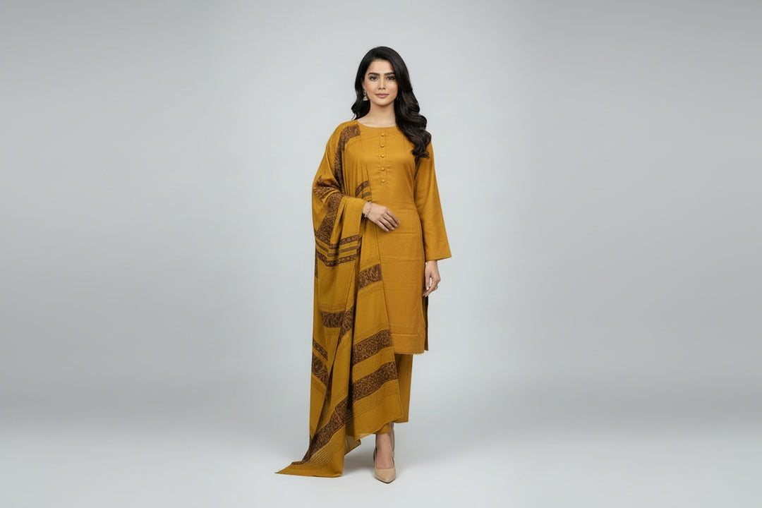 Three piece plain dhanak suit with shawl