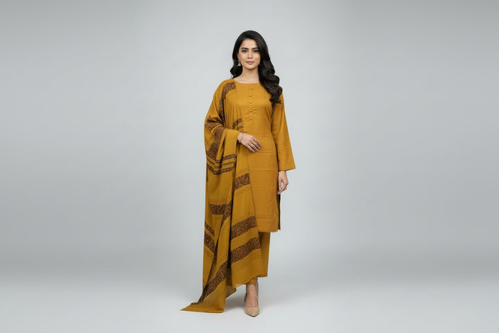 Three piece plain dhanak suit with shawl