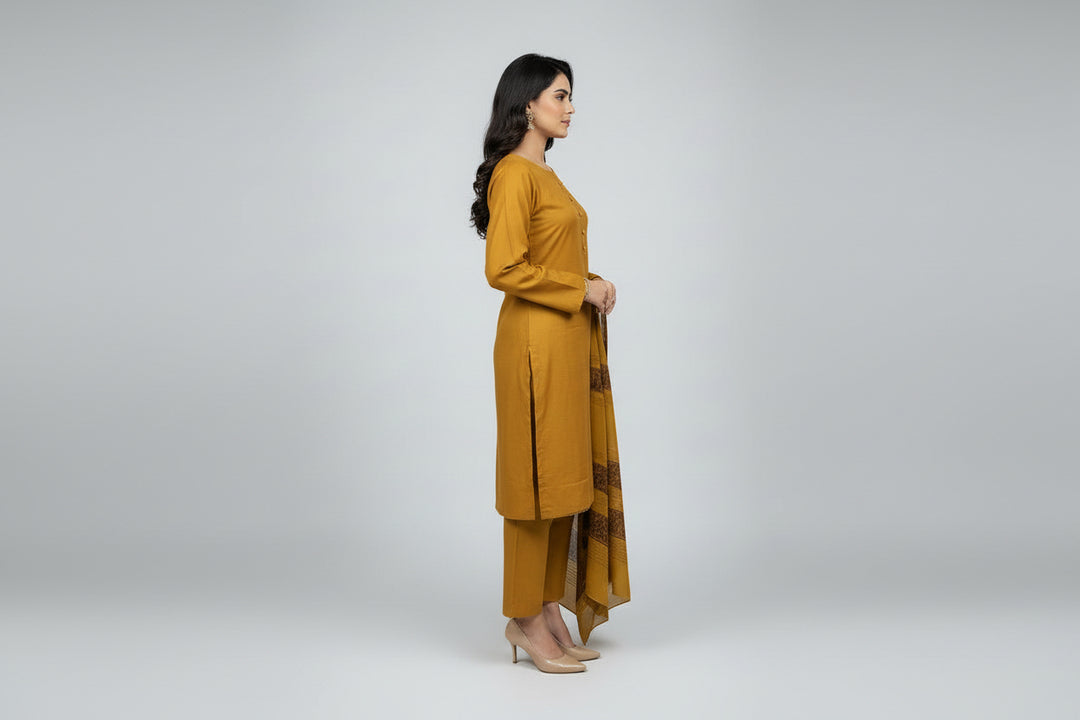 Three piece plain dhanak suit with shawl