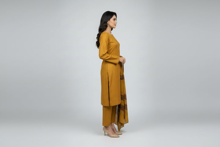 Three piece plain dhanak suit with shawl