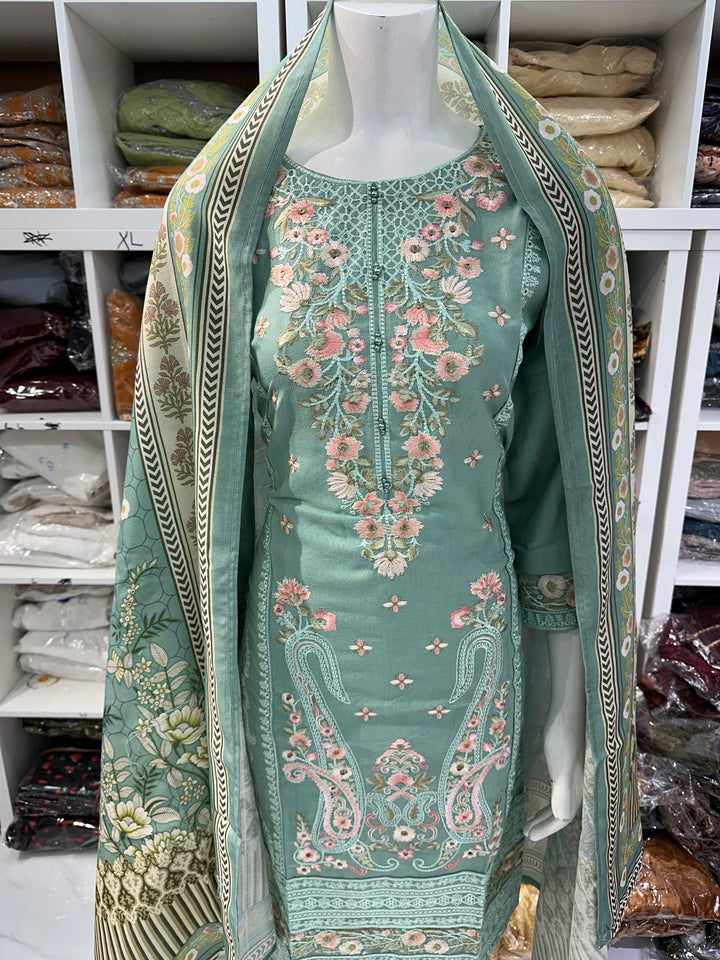 Three piece dhanak material suits on offer perfect for home wear and occasional wear