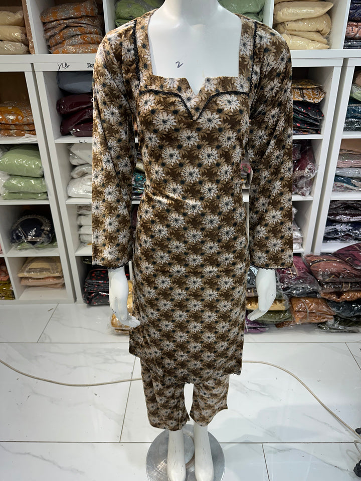 Two piece velvet suits in digital print perfect for winters and for everyday wear