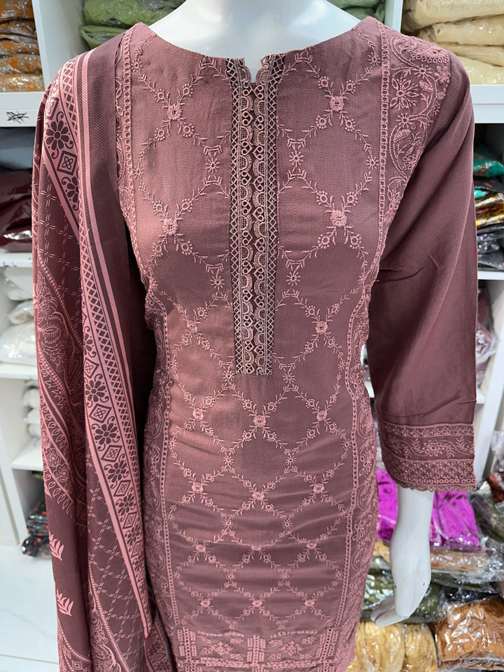 Three piece dhanak material suits on offer perfect for home wear and occasional wear