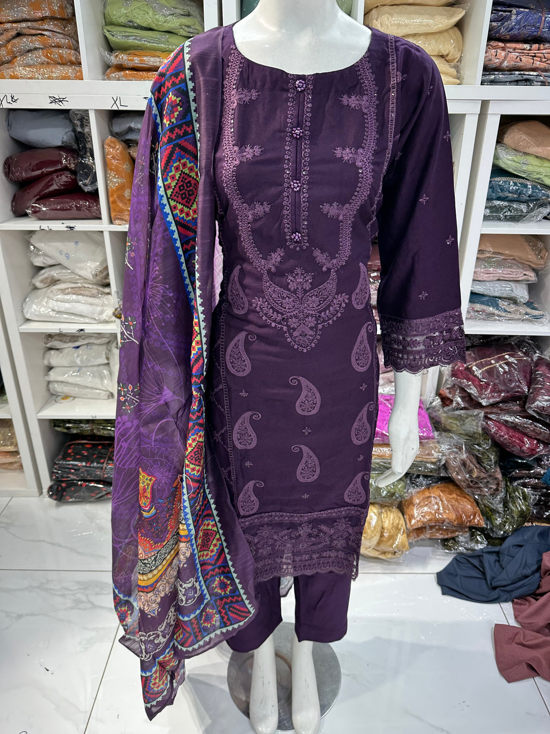 Three piece dhanak material suits on offer perfect for home wear and occasional wear
