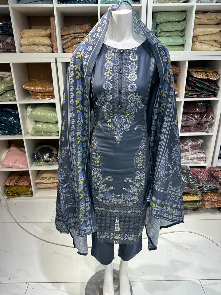 Three piece dhanak material suits on offer perfect for home wear and occasional wear