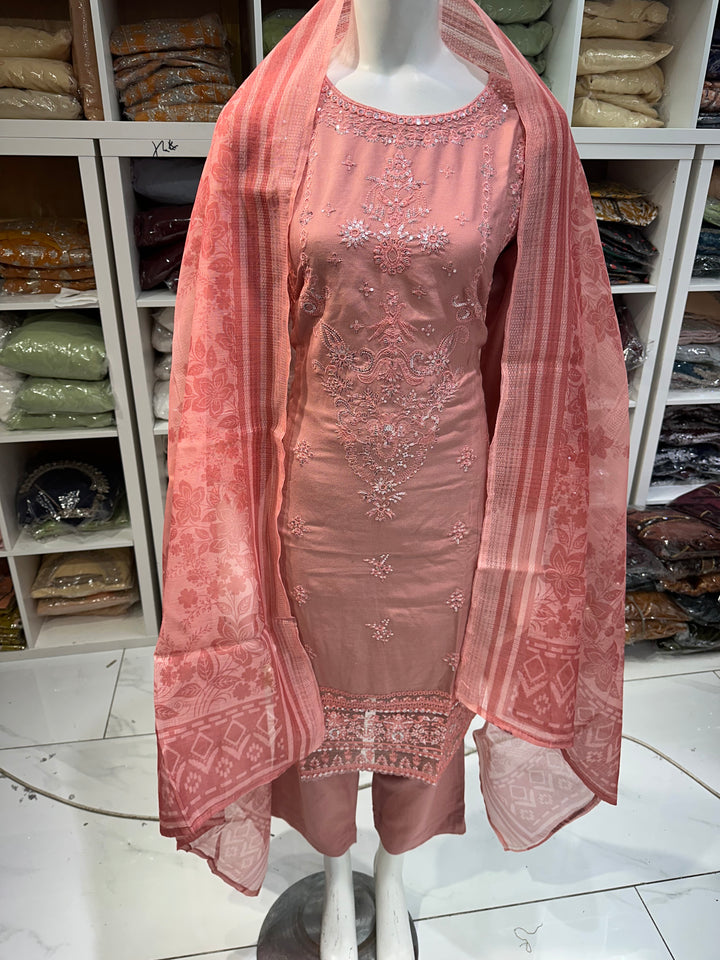 Three piece dhanak material suits on offer perfect for home wear and occasional wear