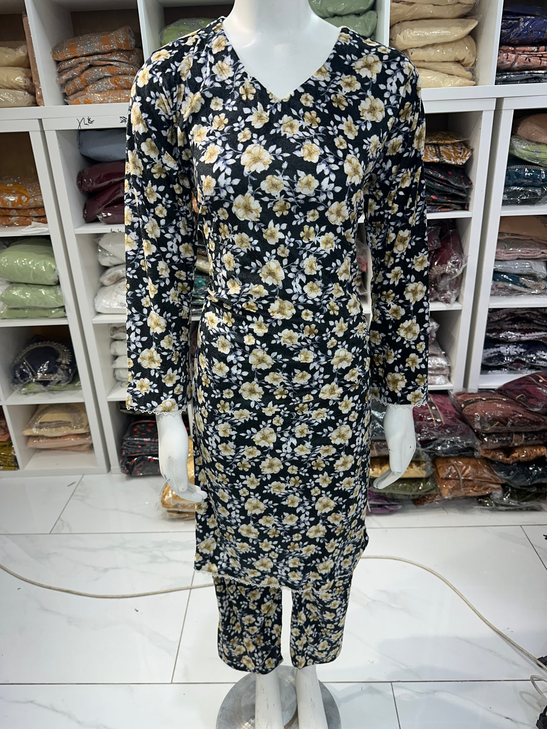Two piece velvet suits in digital print perfect for winters and for everyday wear