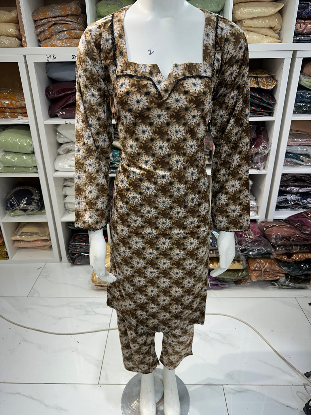 Two piece velvet suits in digital print perfect for winters and for everyday wear