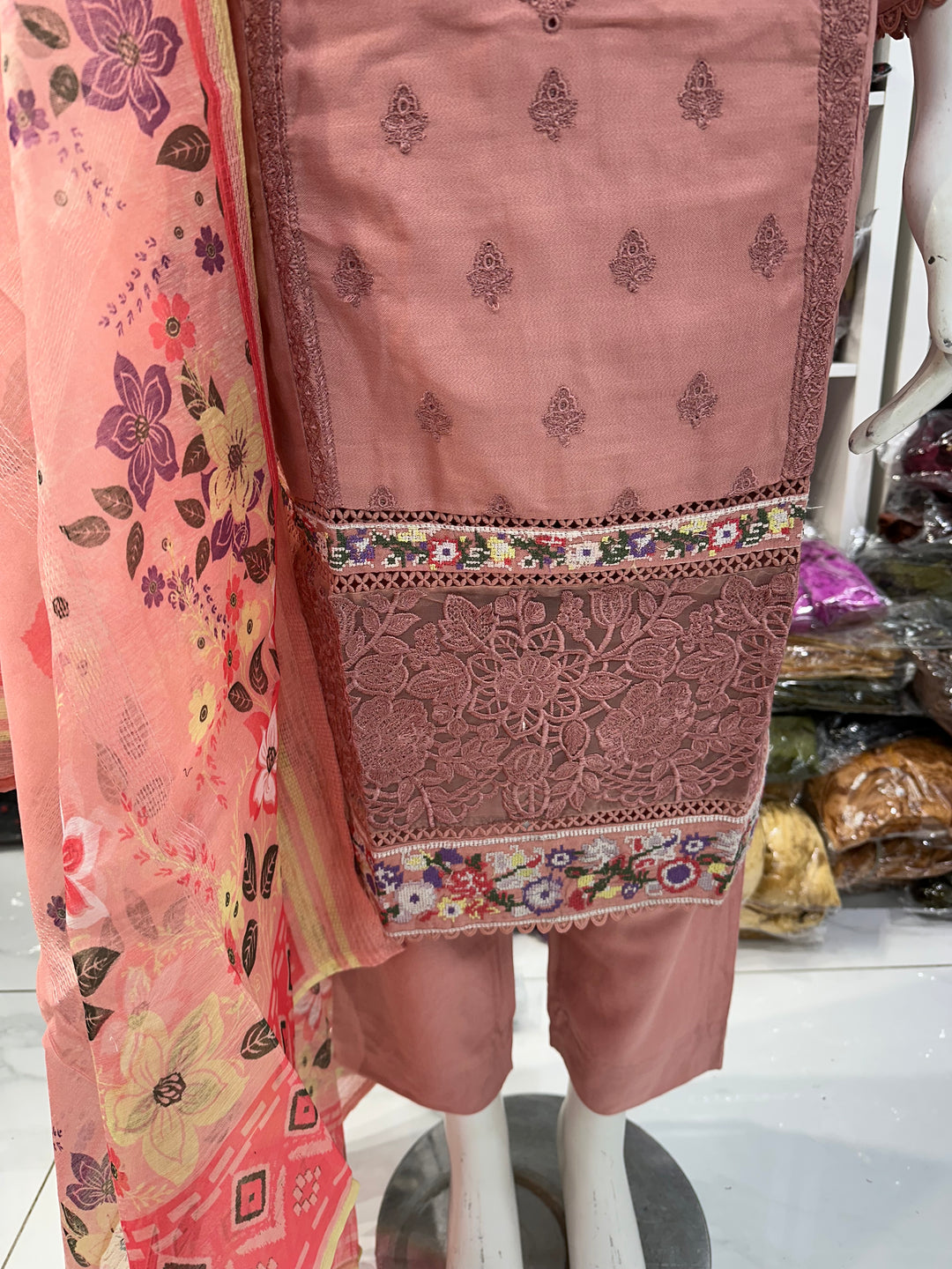 Three piece dhanak material suits on offer perfect for home wear and occasional wear