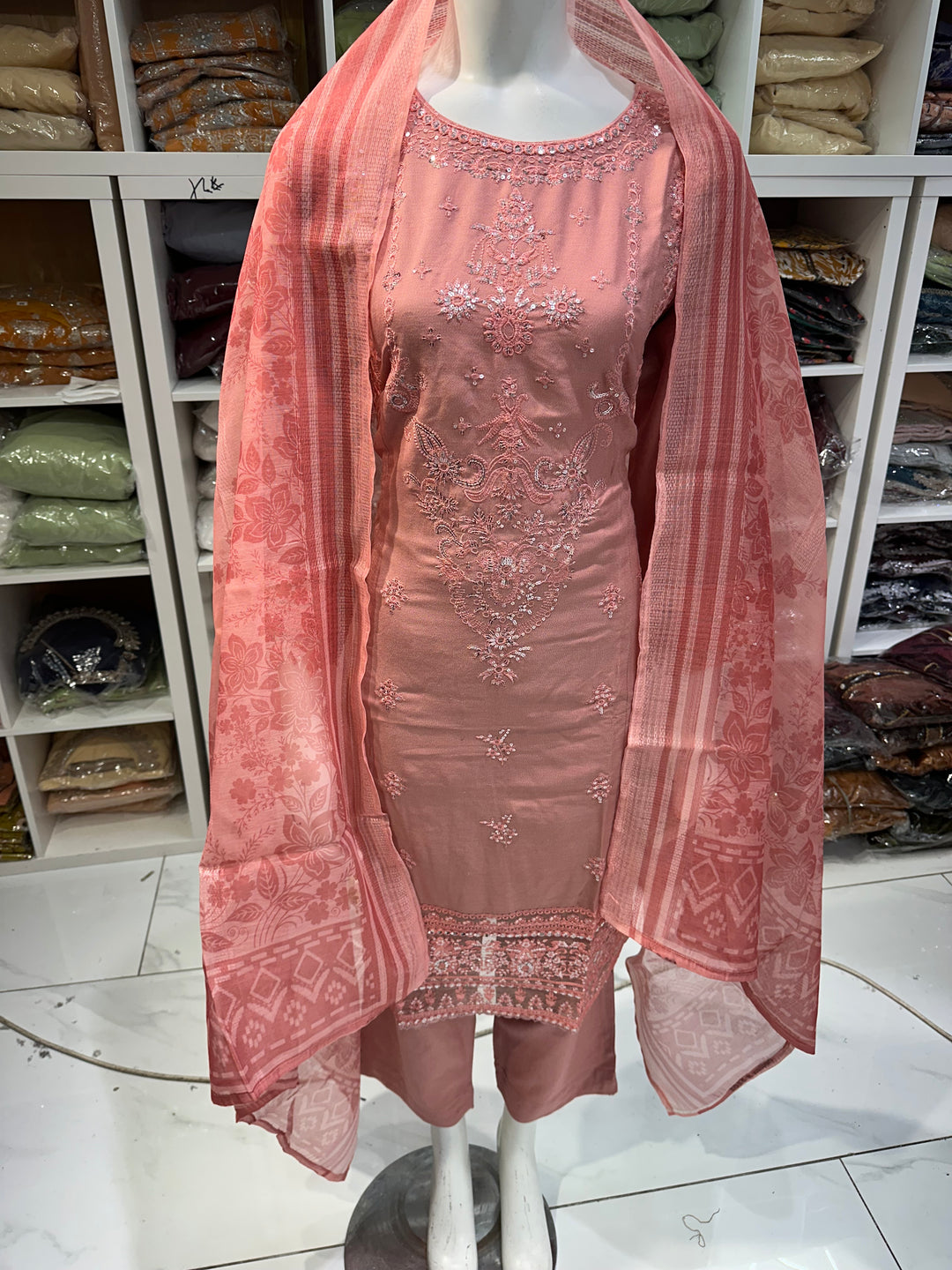 Three piece dhanak material suits on offer perfect for home wear and occasional wear