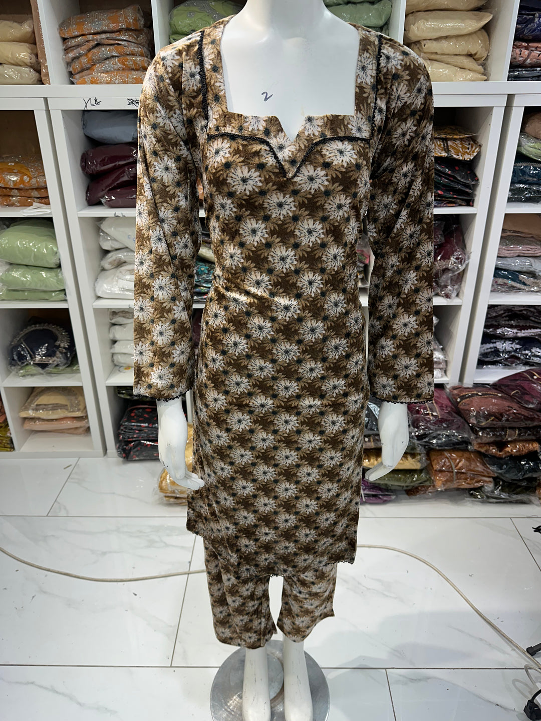 Two piece velvet suits in digital print perfect for winters and for everyday wear
