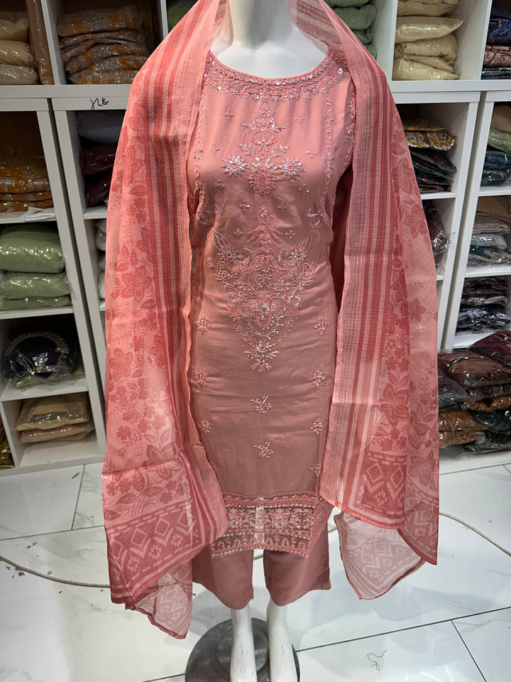 Three piece dhanak material suits on offer perfect for home wear and occasional wear