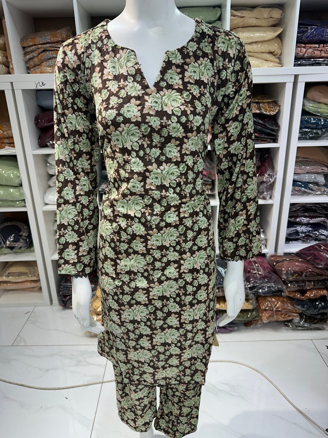 Two piece velvet suits in digital print perfect for winters and for everyday wear