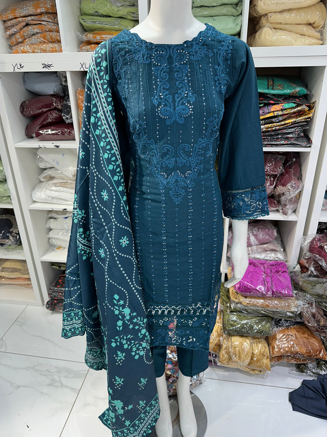 Three piece dhanak material suits on offer perfect for home wear and occasional wear