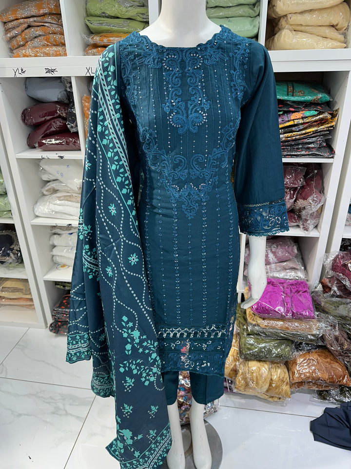 Three piece dhanak material suits on offer perfect for home wear and occasional wear
