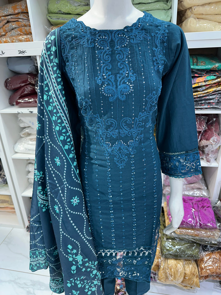Three piece dhanak material suits on offer perfect for home wear and occasional wear