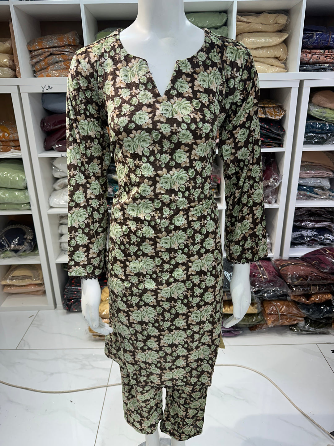 Two piece velvet suits in digital print perfect for winters and for everyday wear
