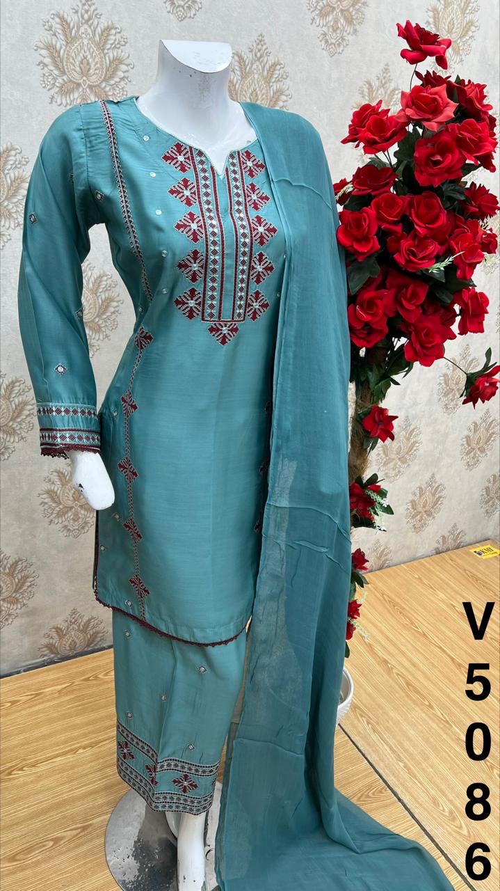 Three piece viscous material suit in short kameez with plazo pre orders only.