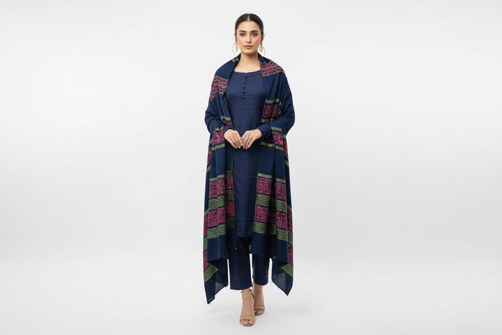 Three piece plain dhanak suit with shawl