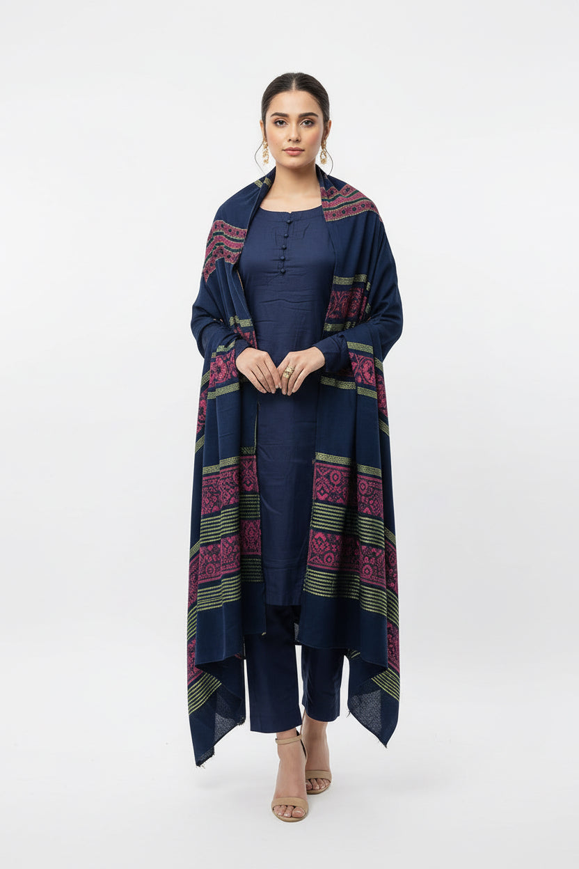 Three piece plain dhanak suit with shawl