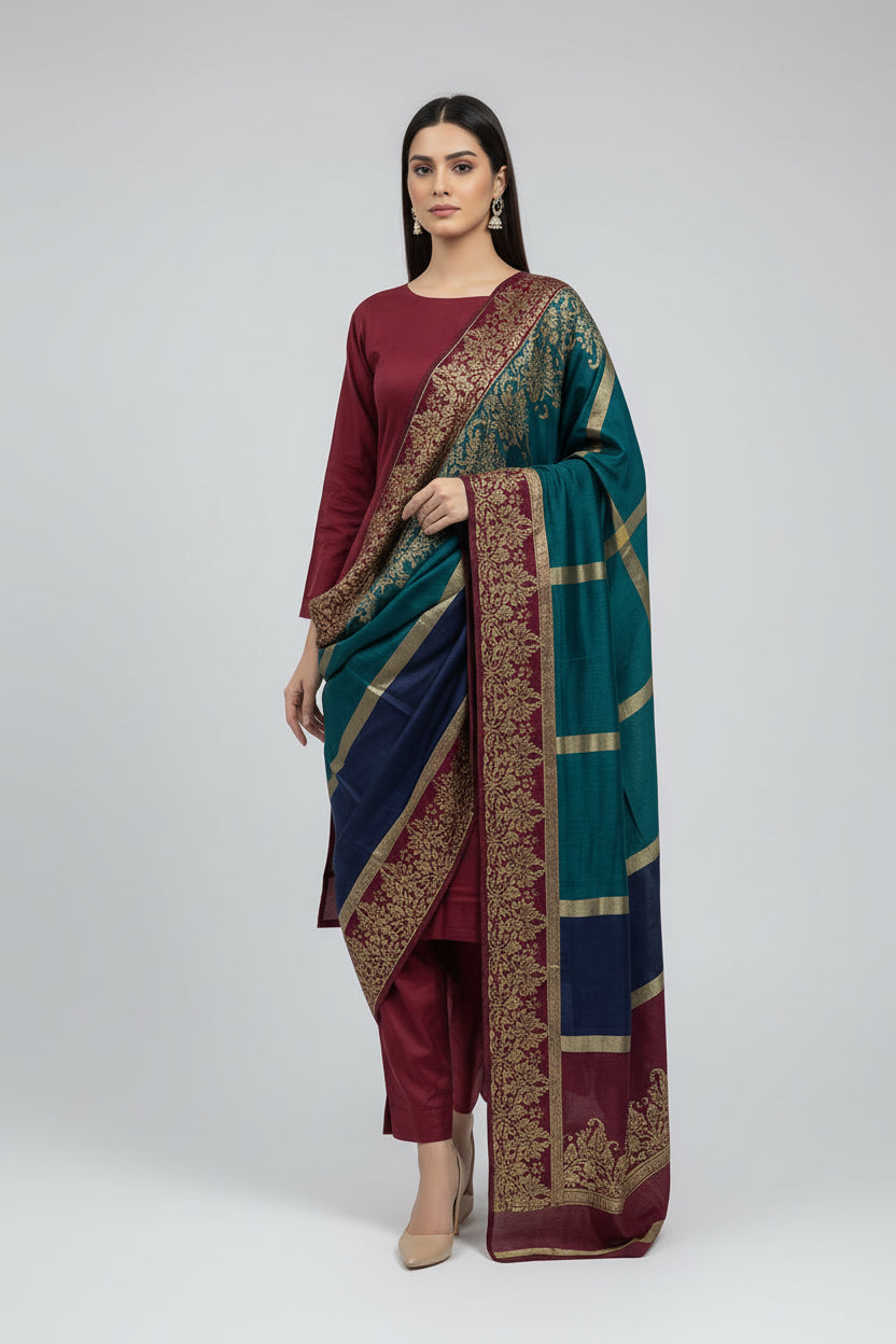 Three piece plain dhanak suit with shawl