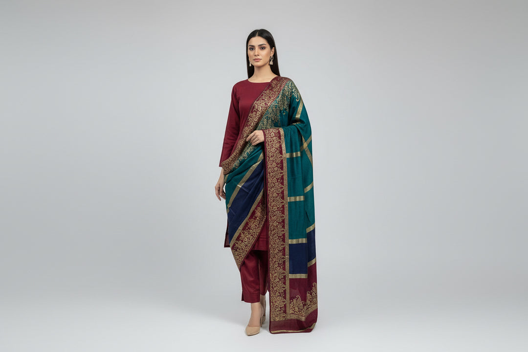 Three piece plain dhanak suit with shawl