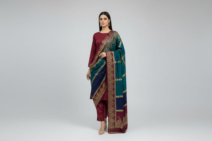 Three piece plain dhanak suit with shawl