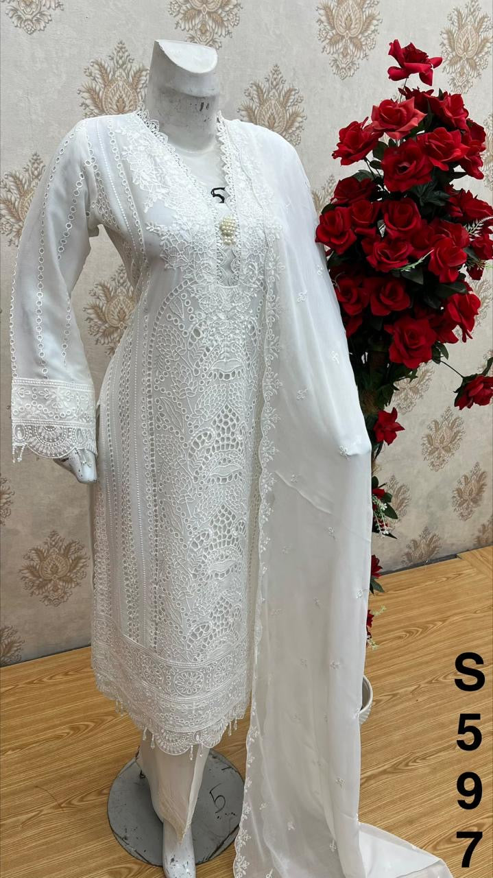 Three piece chiffon material suit with full on boring work only pre orders