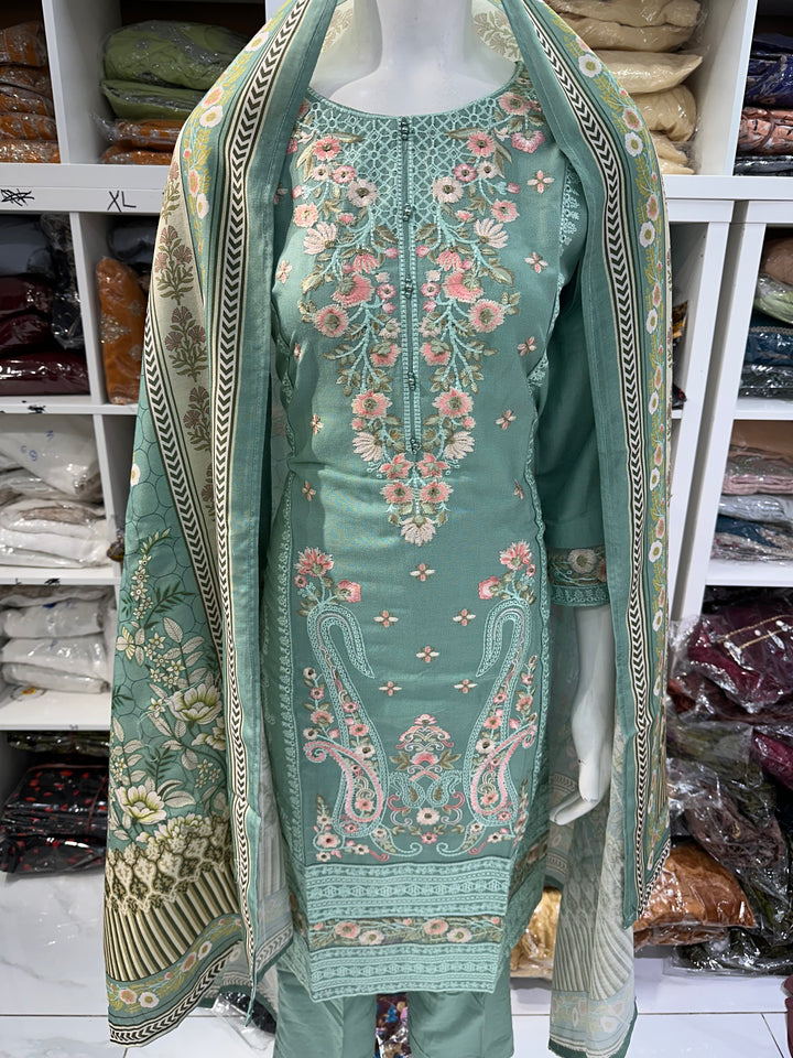 Three piece dhanak material suits on offer perfect for home wear and occasional wear
