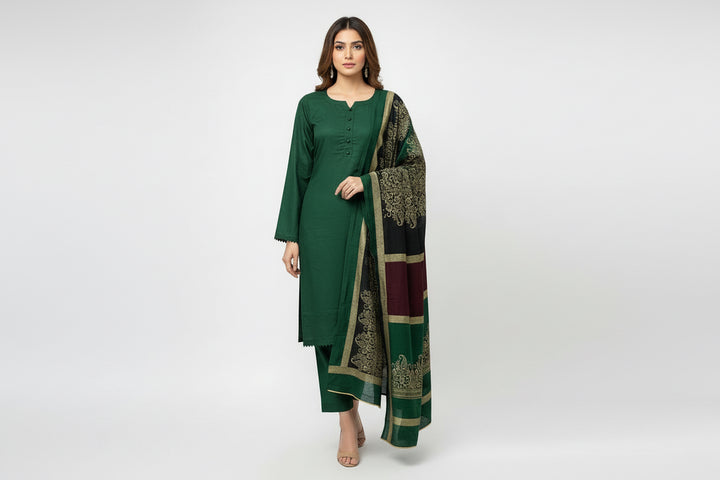 Three piece plain dhanak suit with shawl