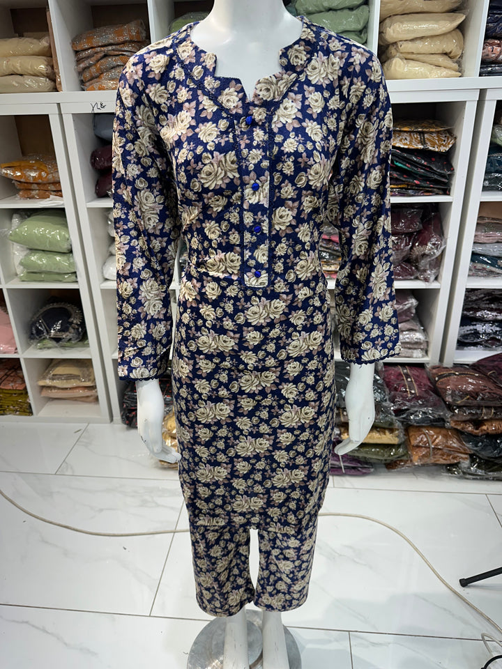 Two piece velvet suits in digital print perfect for winters and for everyday wear
