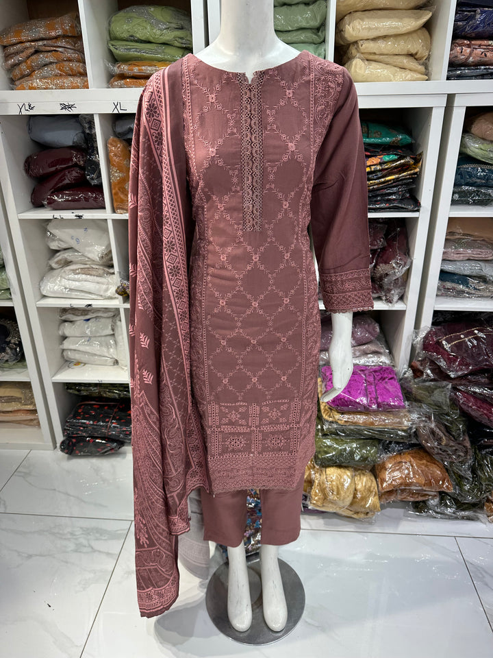 Three piece dhanak material suits on offer perfect for home wear and occasional wear