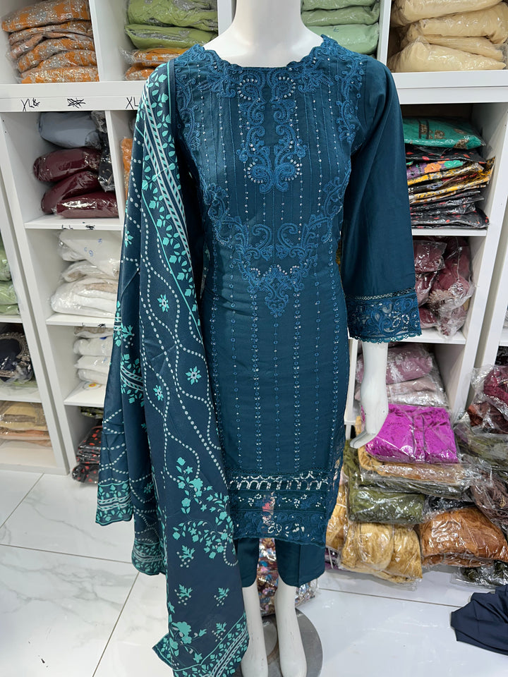 Three piece dhanak material suits on offer perfect for home wear and occasional wear