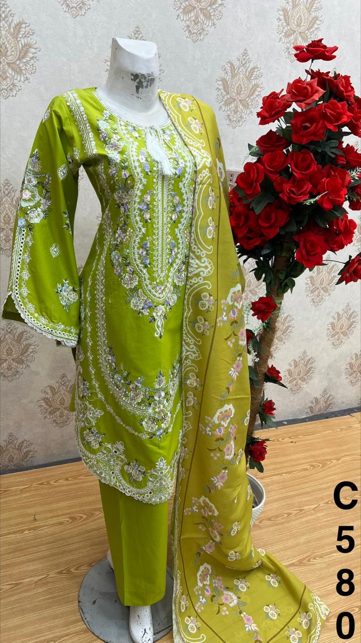 Three piece cotton material suit in round kameez