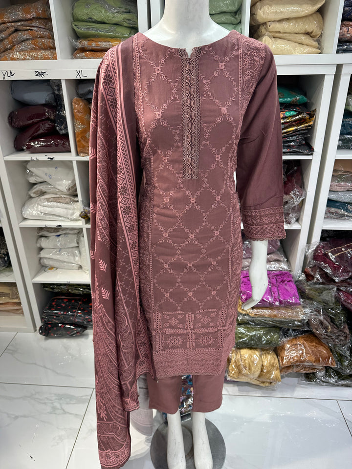 Three piece dhanak material suits on offer perfect for home wear and occasional wear
