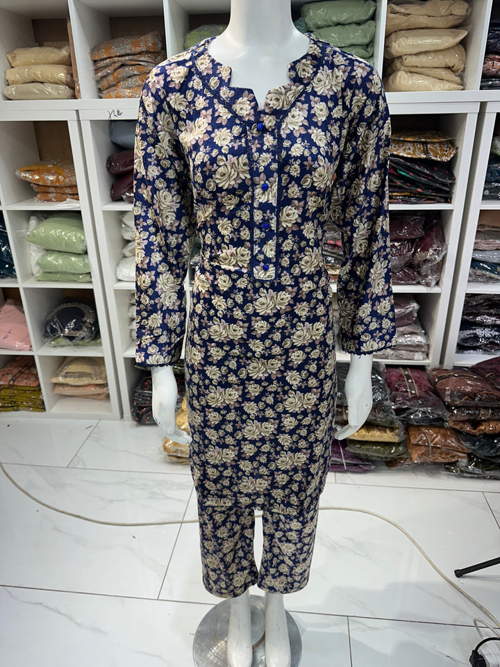 Two piece velvet suits in digital print perfect for winters and for everyday wear