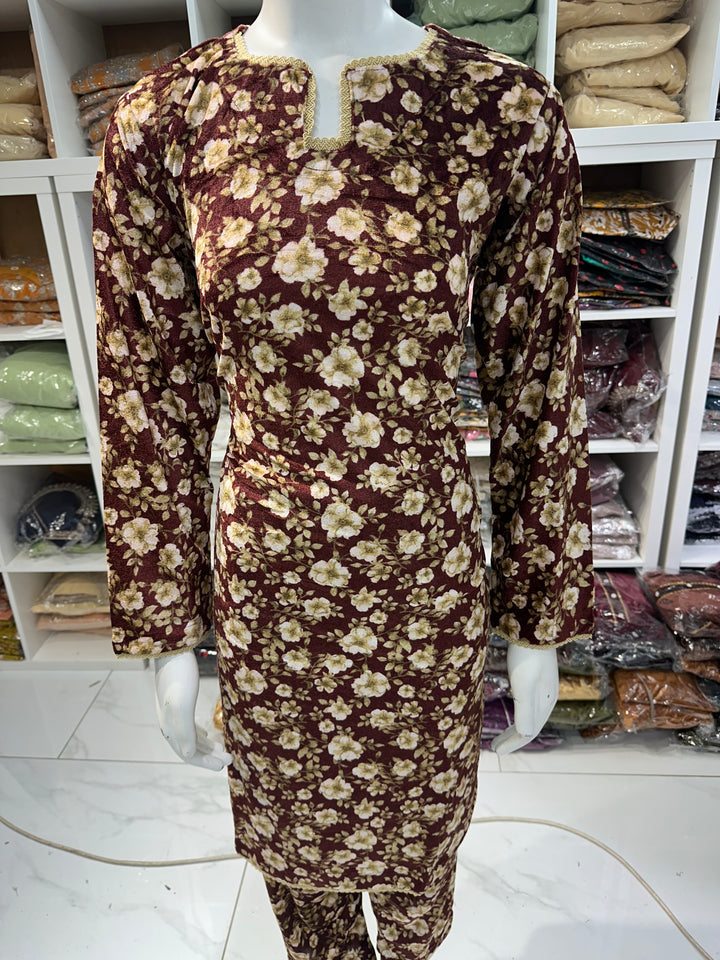 Two piece velvet suits in digital print perfect for winters and for everyday wear