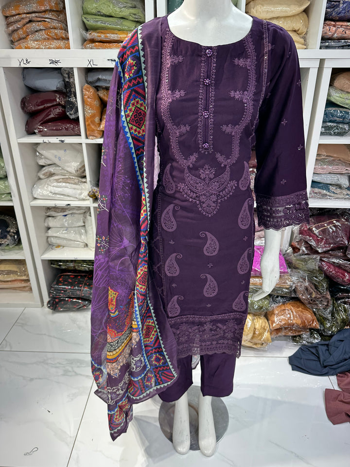 Three piece dhanak material suits on offer perfect for home wear and occasional wear
