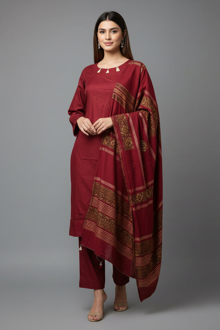 Three piece plain dhanak suit with shawl